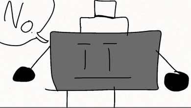 a black and white drawing of a robot with a speech bubble saying no