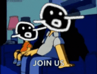 a cartoon of homer simpson and bart simpson sitting on a couch with the words join us on the bottom