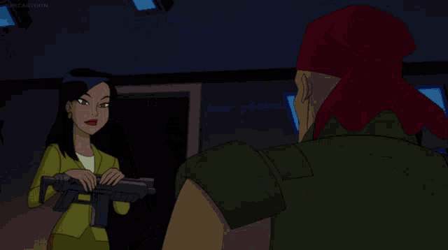 a woman in a yellow jacket talks to a man with a red headband in a cartoon scene from kimcartoon