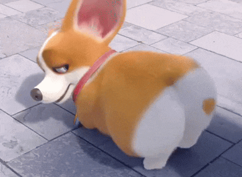 a cartoon corgi dog with a red collar is standing on a sidewalk .
