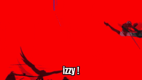 a cartoon character with red hair is holding a sword and the word izzy is on the bottom