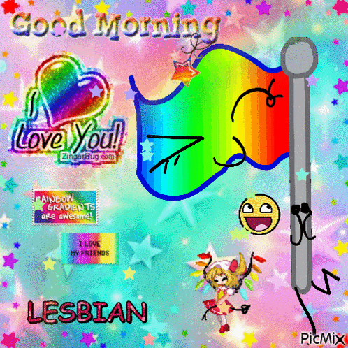 a good morning greeting with a rainbow flag and a smiley face