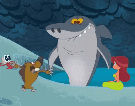 a cartoon shark is standing next to a mermaid in the water