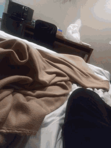 a bed with a brown blanket on it