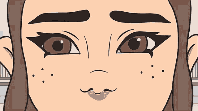 a close up of a cartoon girl 's face with brown eyes and freckles