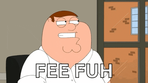a cartoon character says fee fuh in front of a brick building