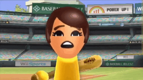a woman in a yellow shirt is holding a baseball bat in front of a stadium with a sign that says wii sports