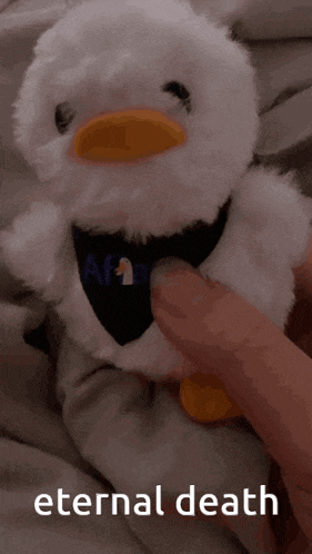 a person holding a stuffed duck that says eternal death on the bottom