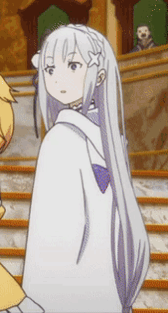 a girl with long white hair stands in front of stairs