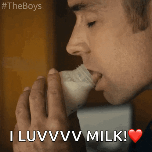 a man drinking milk from a bottle with the words i luvvv milk below him