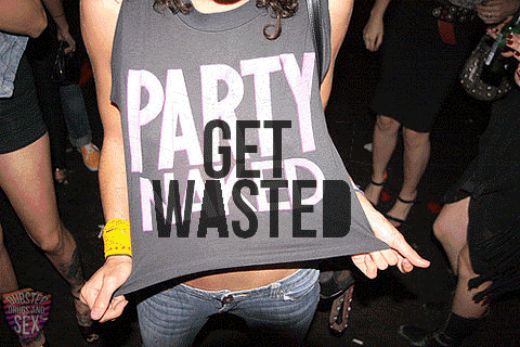 a woman is wearing a shirt that says " party get wasted "