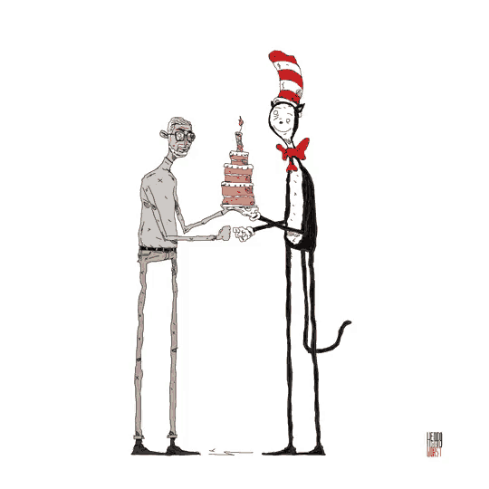 a cartoon of cat in the hat giving a cake to an older man