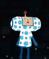 a cartoon character with a flower on his head is standing in the dark .