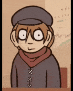 a cartoon character wearing a hat and scarf is looking at the camera