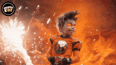 a boy in an orange shirt with the letter b on the front