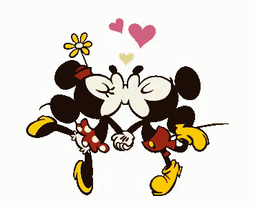 mickey mouse and minnie mouse are kissing while holding hands and a flower is coming out of their noses .