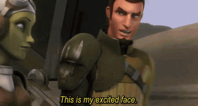 a man and a woman are talking and the man says " this is my excited face "
