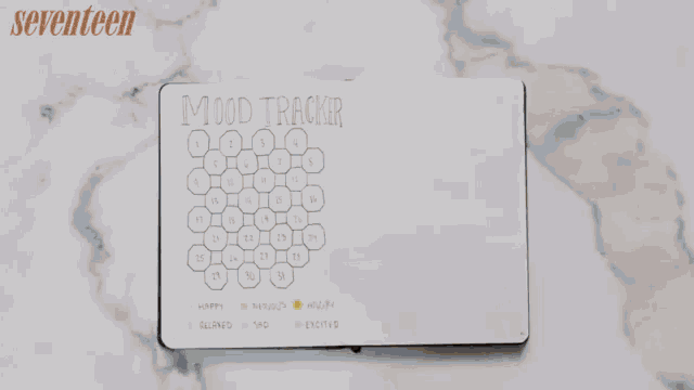 a person is writing in a notebook with the words mood tracker on it