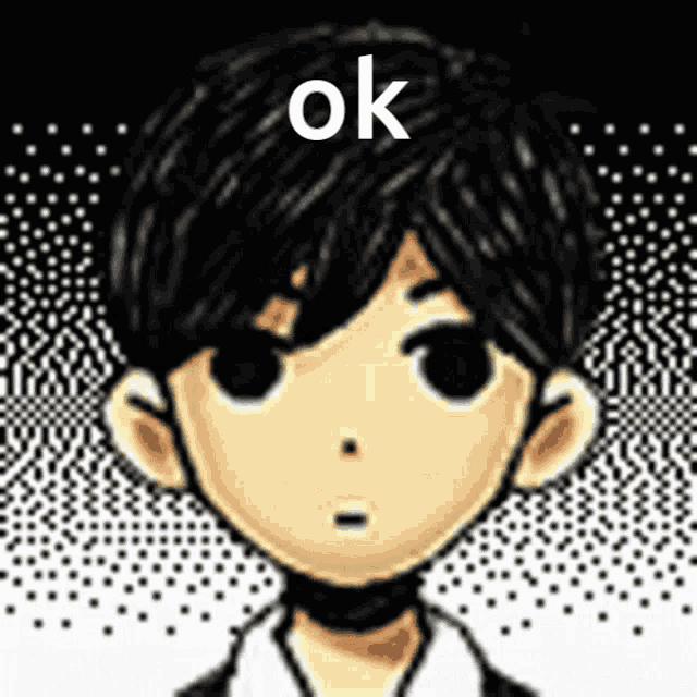 a drawing of a boy with black hair and the word ok above his head