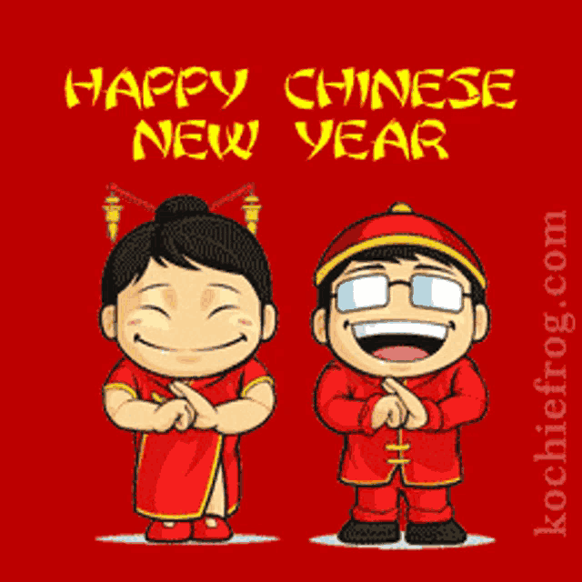 a happy chinese new year greeting card with a man and a woman