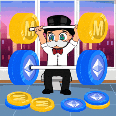 a man in a top hat and bow tie is lifting a barbell surrounded by coins that have the letter m on them