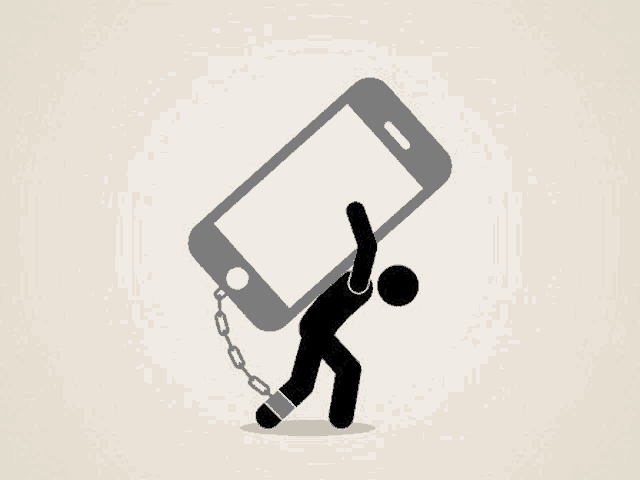 a man is chained to a cell phone with a chain around his neck .