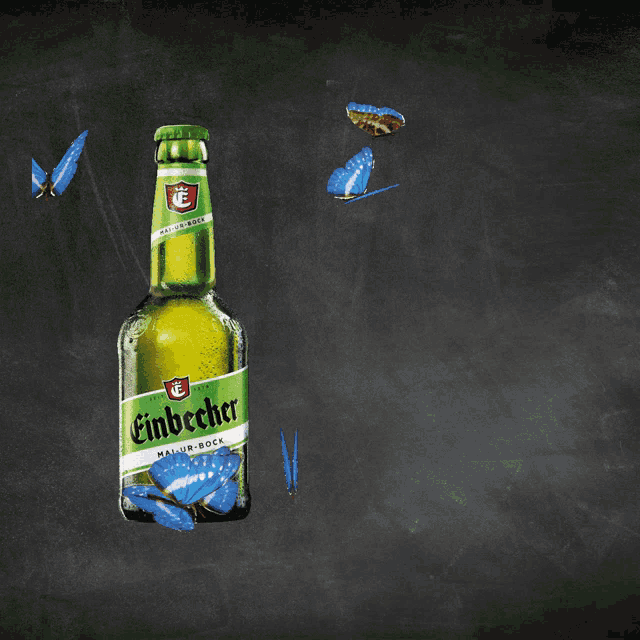 a bottle of beck 's beer is surrounded by blue butterflies and the words " it 's mai time "
