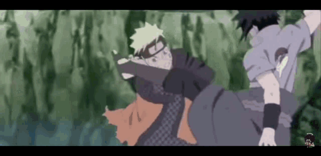 a couple of anime characters standing next to each other in a forest