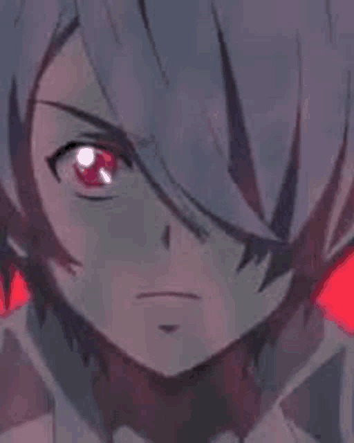 a close up of a person 's face with a red eye and gray hair .
