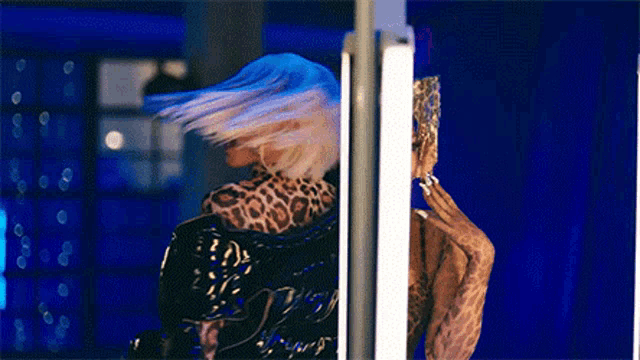 a woman in a leopard print dress is standing next to a woman in a black jacket .
