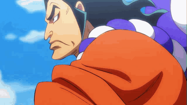 a close up of a cartoon character 's face with a blue sky and clouds in the background