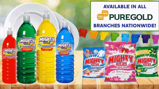 bottles of mighty clean dish soap and powder detergent