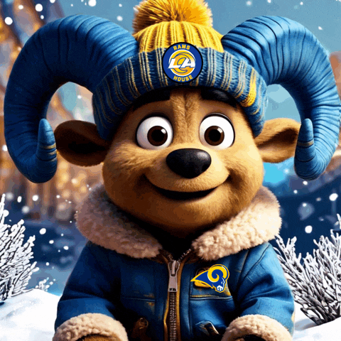 a rams mascot wearing a blue and yellow hat and jacket