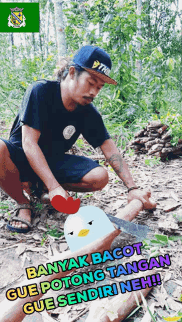 a man with a hat that says thrasher is kneeling down