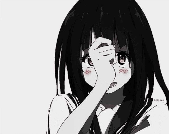 a black and white drawing of a girl covering her face