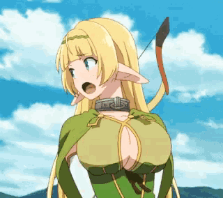 a blonde anime girl with a bow and arrow looks surprised