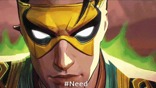 a cartoon of a superhero with the hashtag #need on the bottom