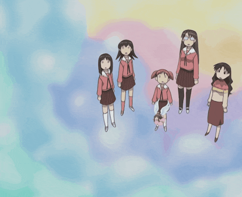 a girl in a pink dress is flying through the air while two other girls look on