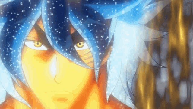 a close up of a cartoon character with blue hair and yellow eyes