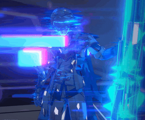 a video game character is surrounded by glowing blue lights