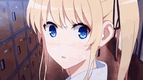 a girl with blonde hair and blue eyes is standing in front of a row of lockers .