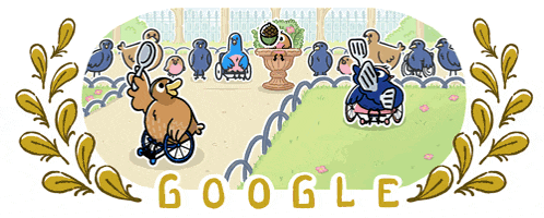 a cartoon drawing of a man in a wheelchair surrounded by birds and the words google