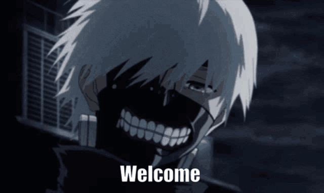 a person with a mask on their face and the word welcome on the bottom