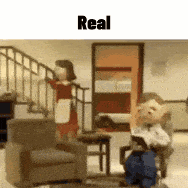 a cartoon of a man sitting in a chair reading a book while a woman stands on the stairs .