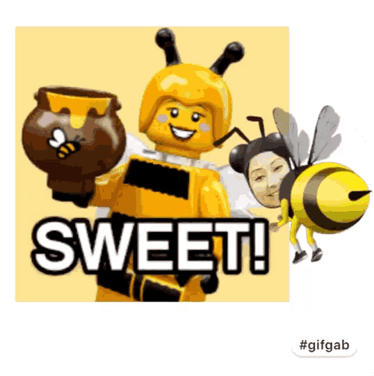 a lego bee holding a pot of honey next to a bee and the words sweet