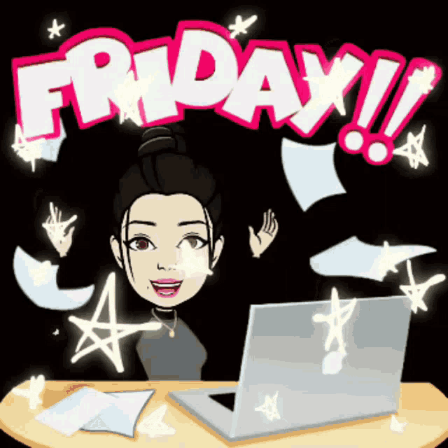 a cartoon of a woman sitting at a desk with a laptop and the word friday in the background