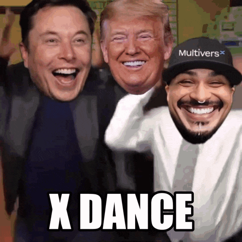 elon musk donald trump and a man wearing a hat that says multivers x dance