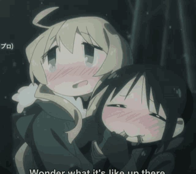 a couple of anime characters with the words wonder what it 's like up there on the bottom