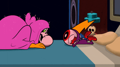 a cartoon character with a red eye is laying on a bed next to another character