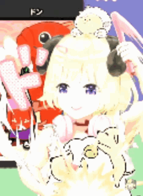a girl with a sheep on her head is holding a fan